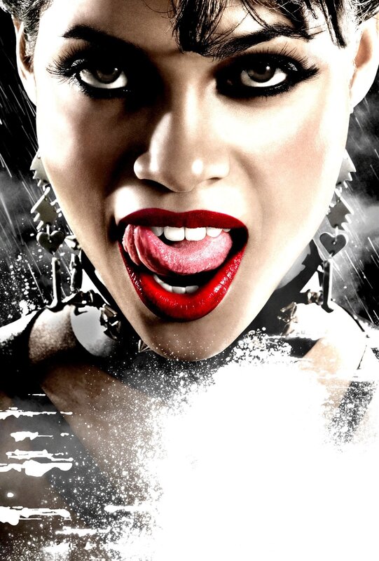 woman with red lipstick and spiked collar