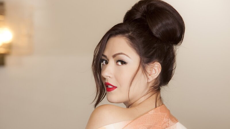 woman with red lipstick and updo
