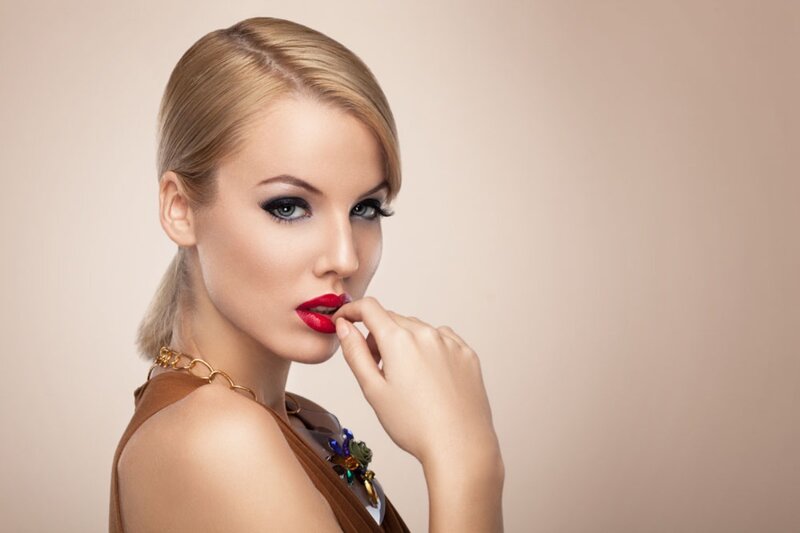 Woman with Red Lipstick — Beige, Confident