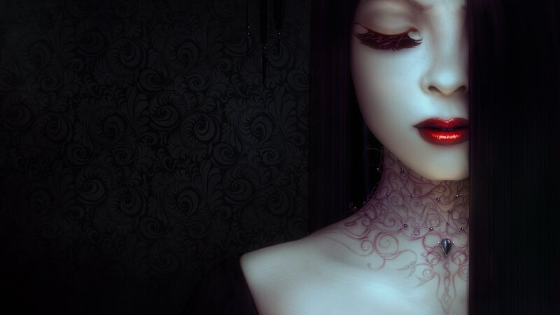 Woman with Red Lipstick — Black, Dramatic, Digital Art, Long Hair