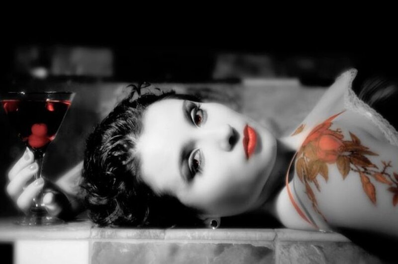 Woman with Red Lipstick — Black, Dramatic, Night, Photograph