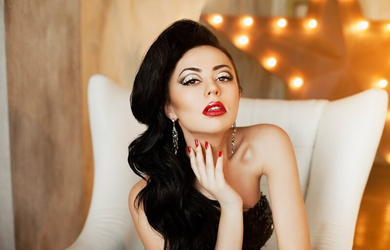 Woman with Red Lipstick — Black, Dramatic, Photograph, Chair