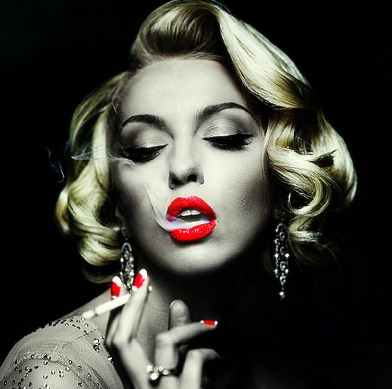 Woman with Red Lipstick — Black, Dramatic, Photograph, Cigarette