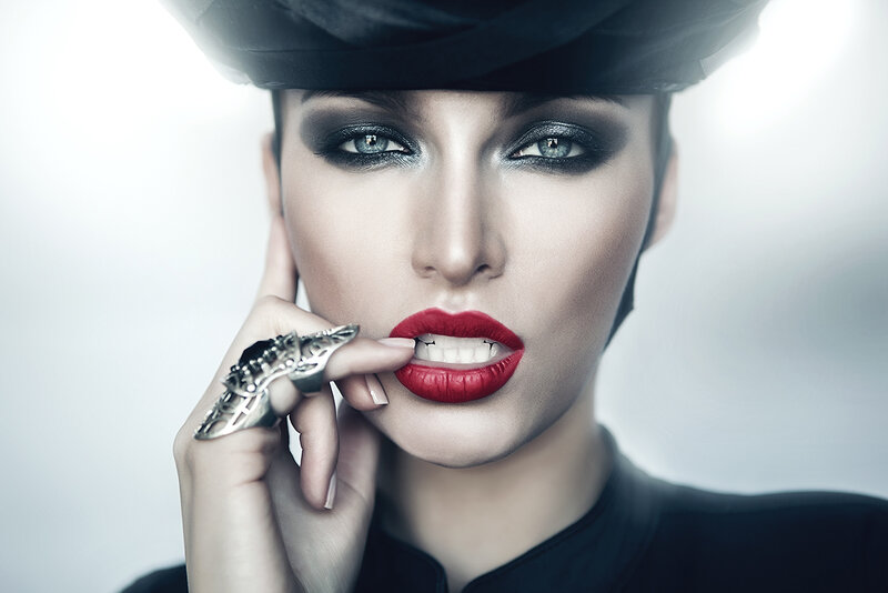 Woman with Red Lipstick — Black, Dramatic, Photograph, Hat