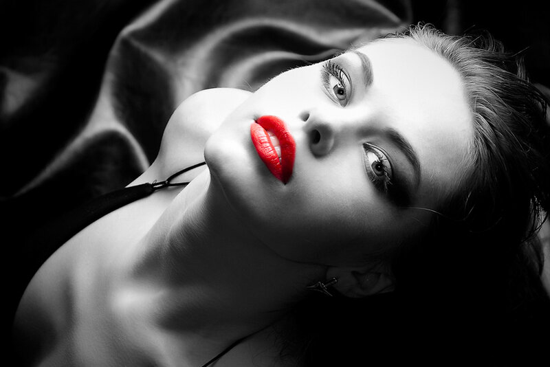 Woman with Red Lipstick — Black, Dramatic, Photograph, Necklace, Earring
