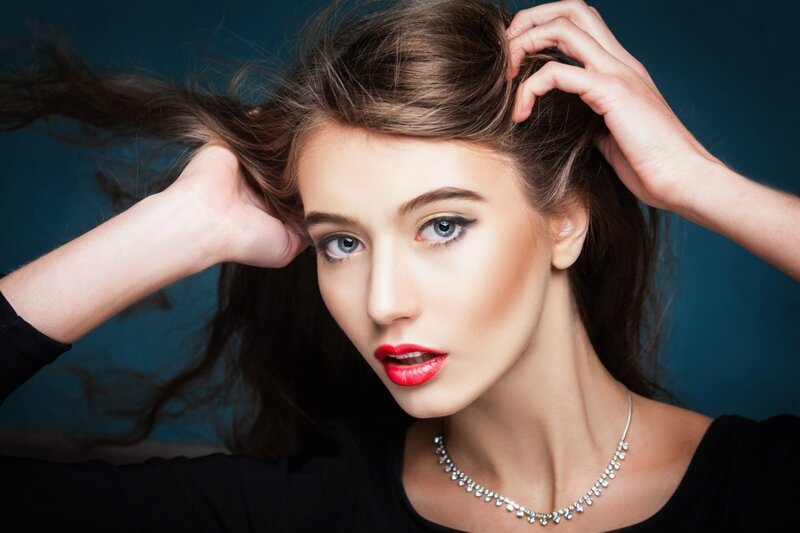 Woman with Red Lipstick — Black, Dramatic, Photograph, Necklace, Makeup