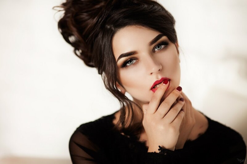Woman with Red Lipstick — Black, Dramatic, Photograph, Red Nails, Black Top