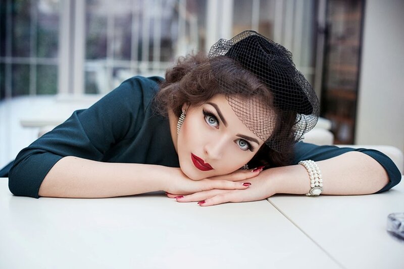 Woman with Red Lipstick — Black, Dramatic, Photograph, Veil, Pearl Bracelet