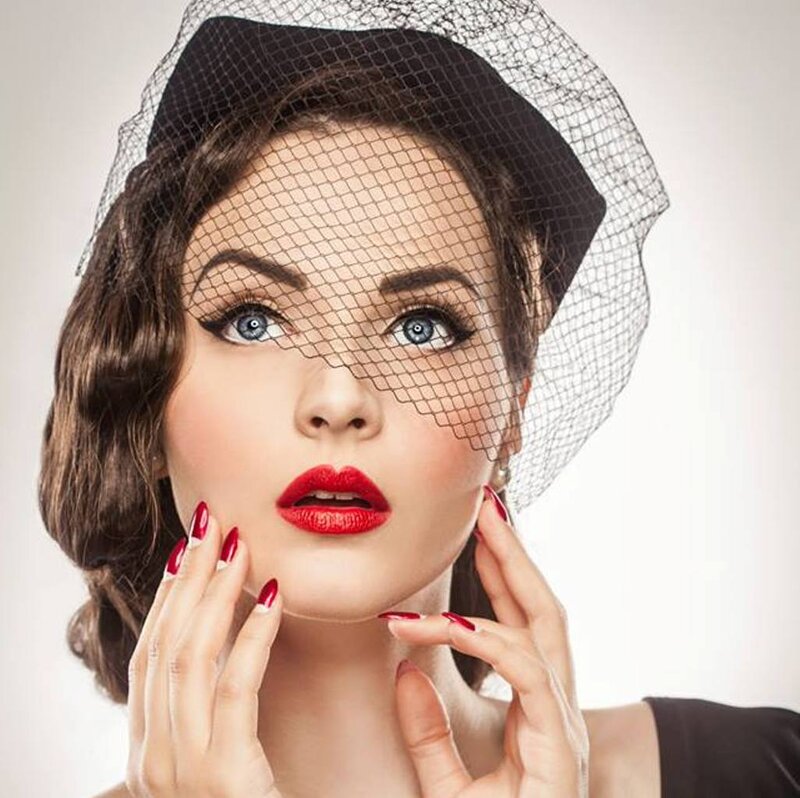 Woman with Red Lipstick — Black, Dramatic, Photograph, Veil, Red Nails