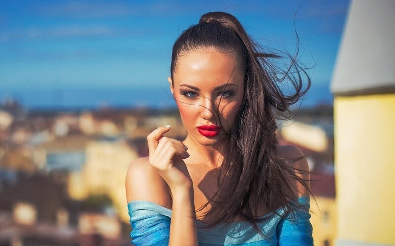 Woman with Red Lipstick — Blue, Dramatic, Afternoon