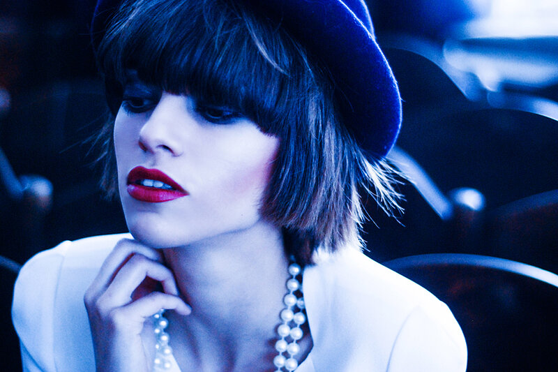 Woman with Red Lipstick — Blue, Dramatic, Night, Photograph