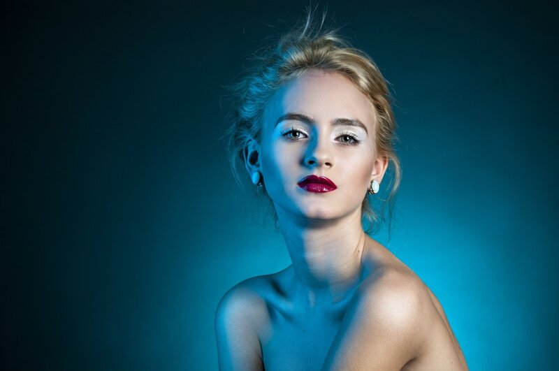 Woman with Red Lipstick — Blue, Dramatic, Photograph, Earrings, Blue Lighting