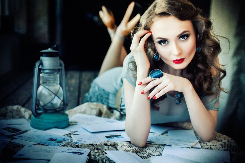 Woman with Red Lipstick — Blue, Dramatic, Photograph, Lantern