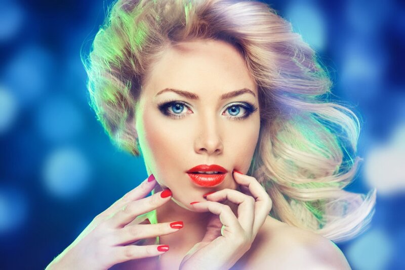 Woman with Red Lipstick — Blue, Dramatic, Photograph, Red Nails