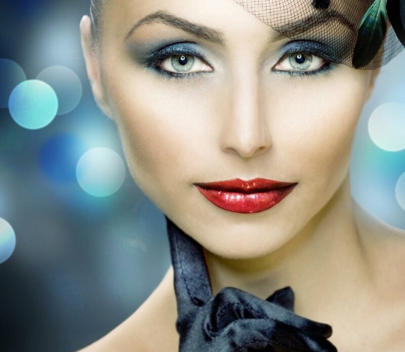 Woman with Red Lipstick — Blue, Dramatic, Photograph, Veil, Gloves