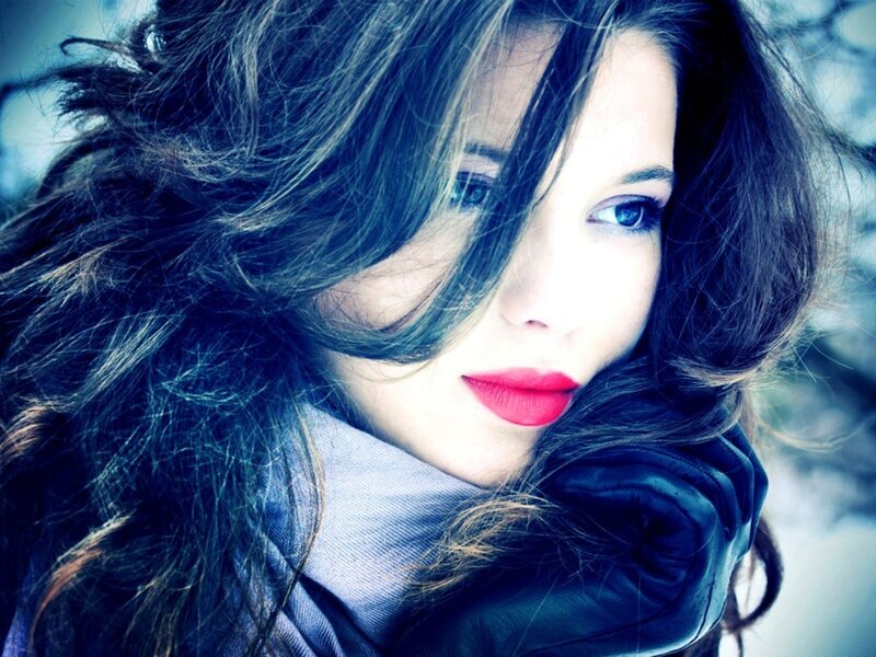 Woman with Red Lipstick — Blue, Dramatic, Winter, Photograph, Scarf