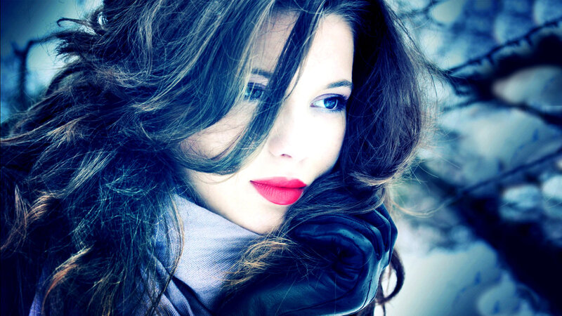 Woman with Red Lipstick — Blue, Dramatic, Winter, Photograph