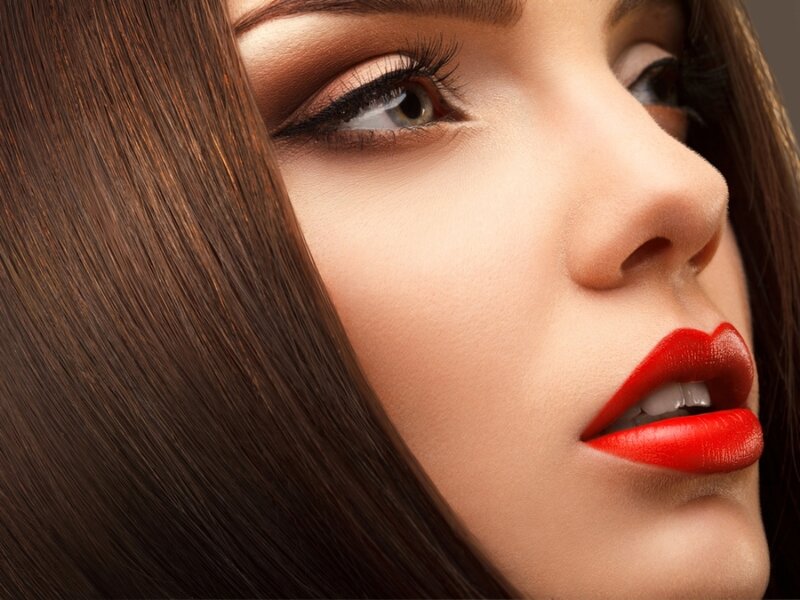 Woman with Red Lipstick — Brown, Dramatic, Photograph, Hair, Eyes
