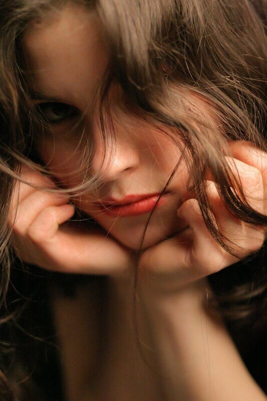 Woman with Red Lipstick — Brown, Dramatic, Photograph, Hair, Hands