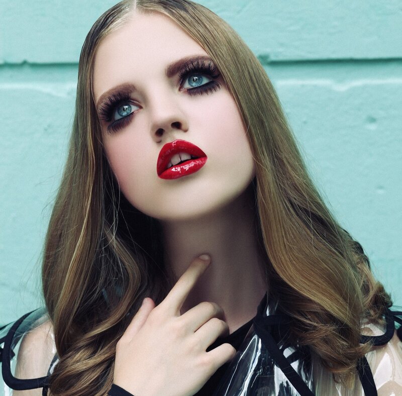 Woman with Red Lipstick — Brown, Dramatic, Photograph, Long Hair