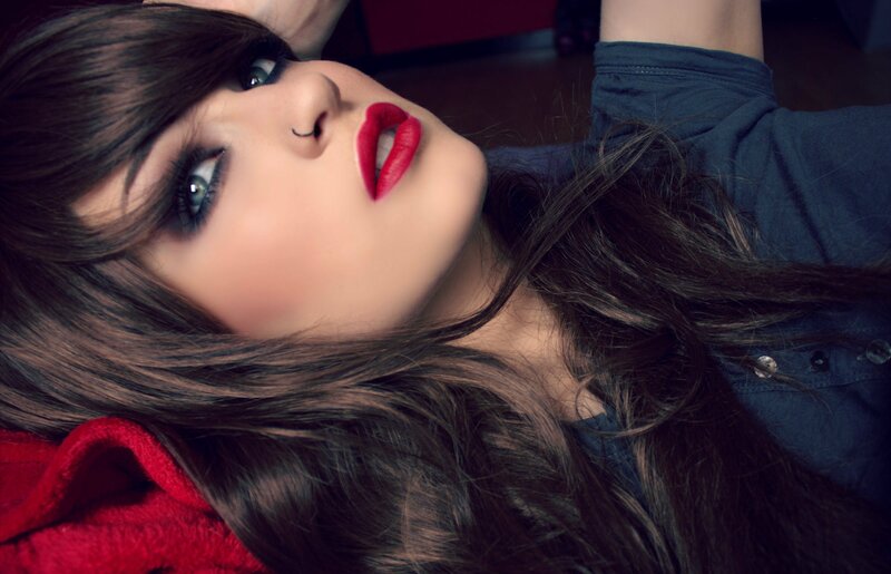 Woman with Red Lipstick — Brown, Dramatic, Photograph, Red Blanket