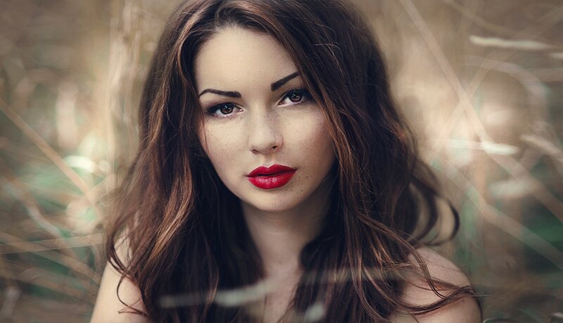 Woman with Red Lipstick — Brown, Natural