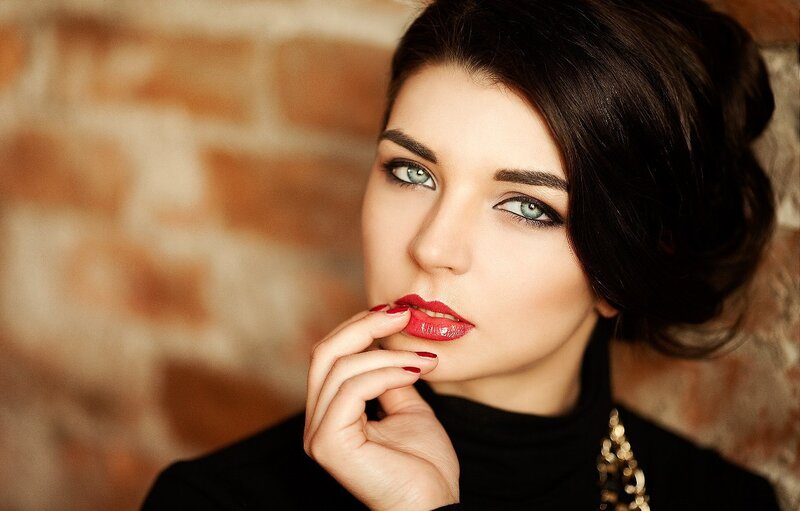 Woman with Red Lipstick — Dramatic, Photograph, Brick Wall