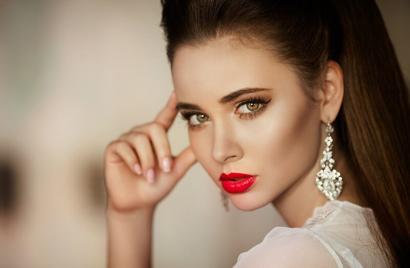 Woman with Red Lipstick — Dramatic, Photograph, Earrings, Makeup
