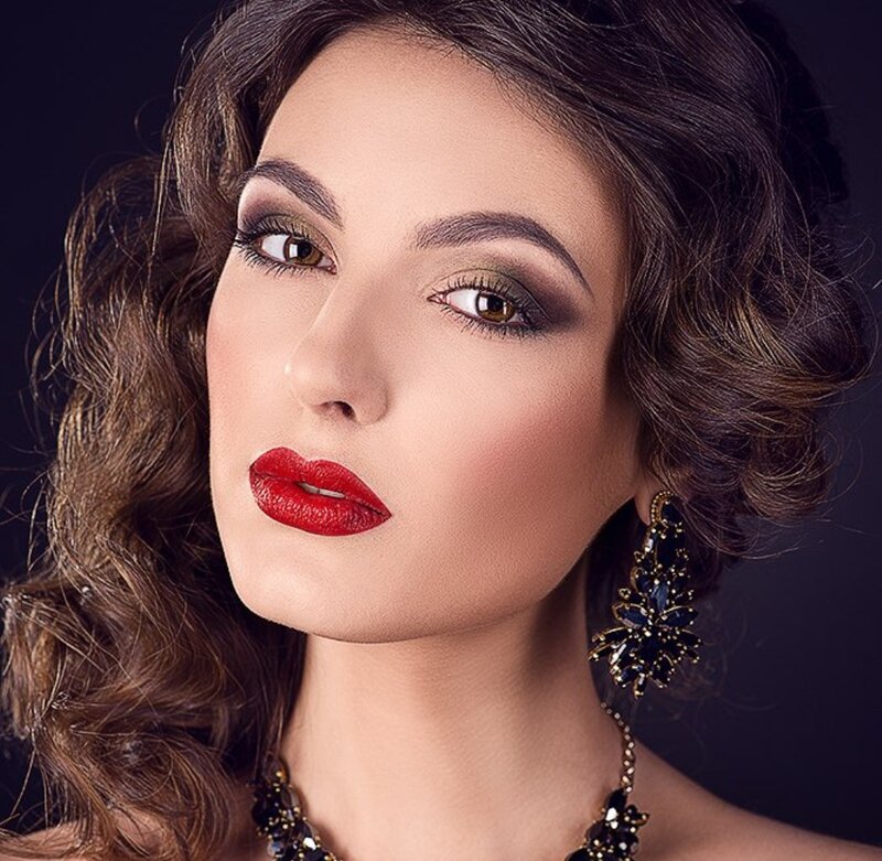Woman with Red Lipstick — Dramatic, Photograph, Earrings, Necklace