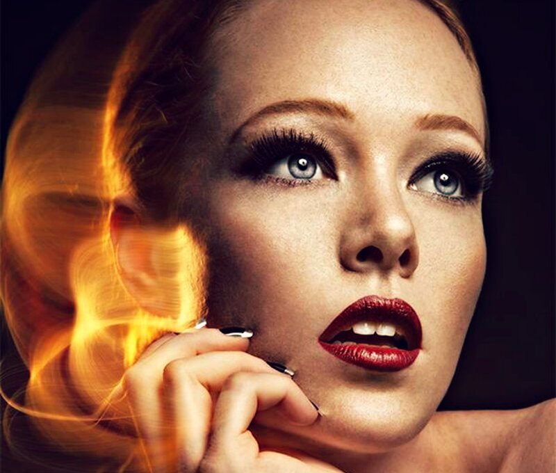 Woman with Red Lipstick — Dramatic, Photograph, Fire