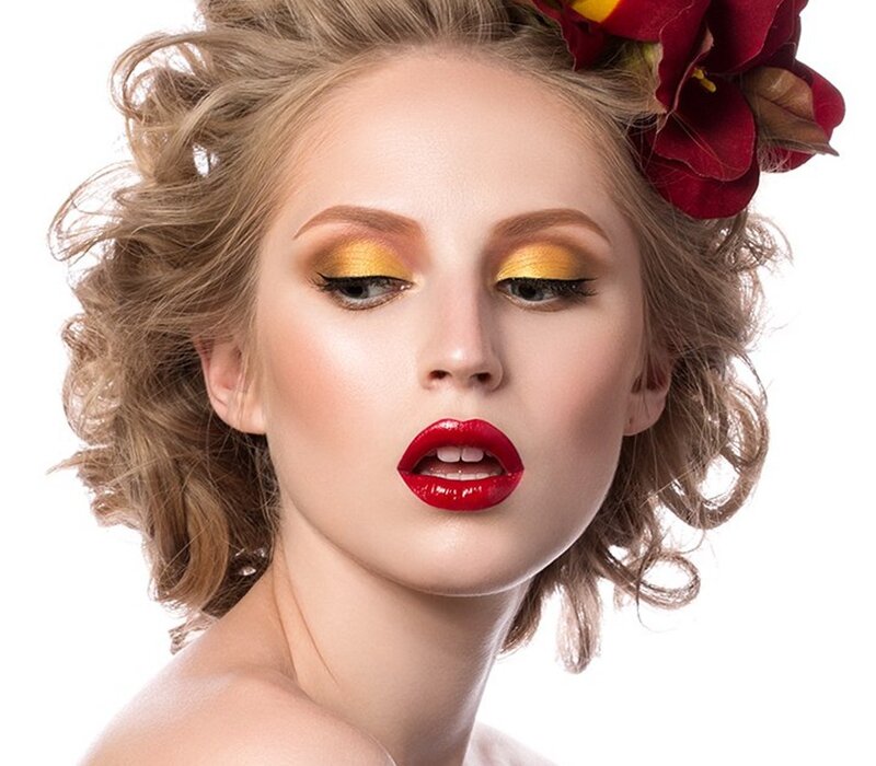 Woman with Red Lipstick — Dramatic, Photograph, Flowers, Makeup