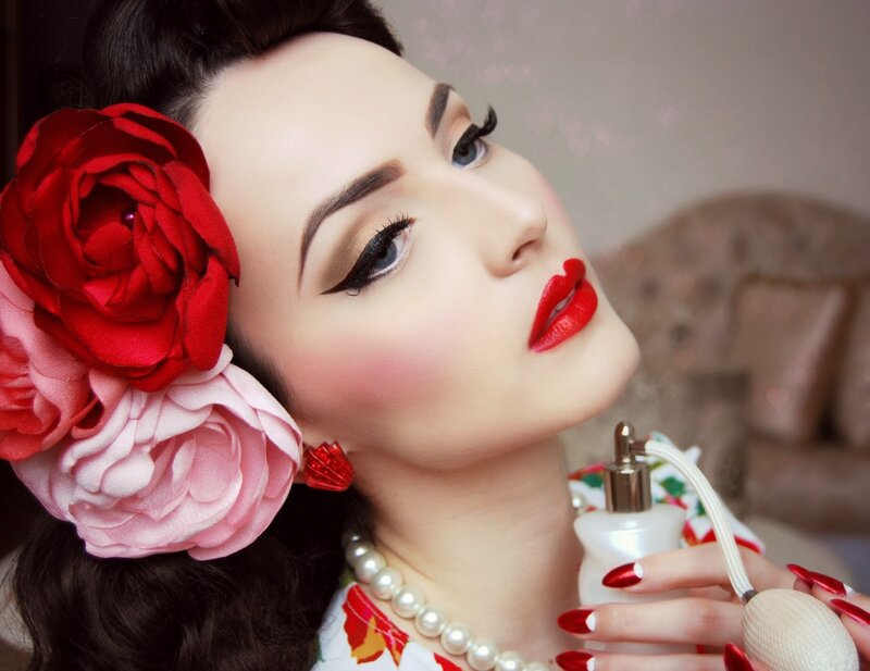 Woman with Red Lipstick — Dramatic, Photograph, Flowers, Perfume Bottle