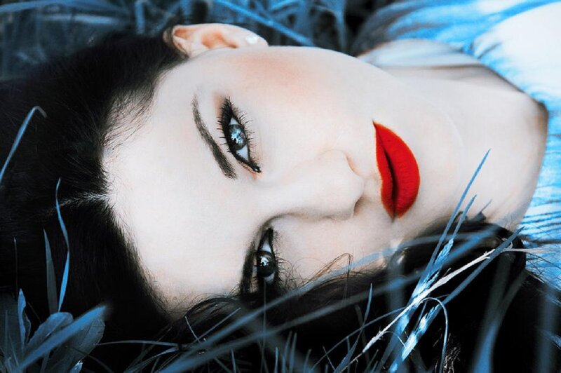 Woman with Red Lipstick — Dramatic, Photograph, Grass