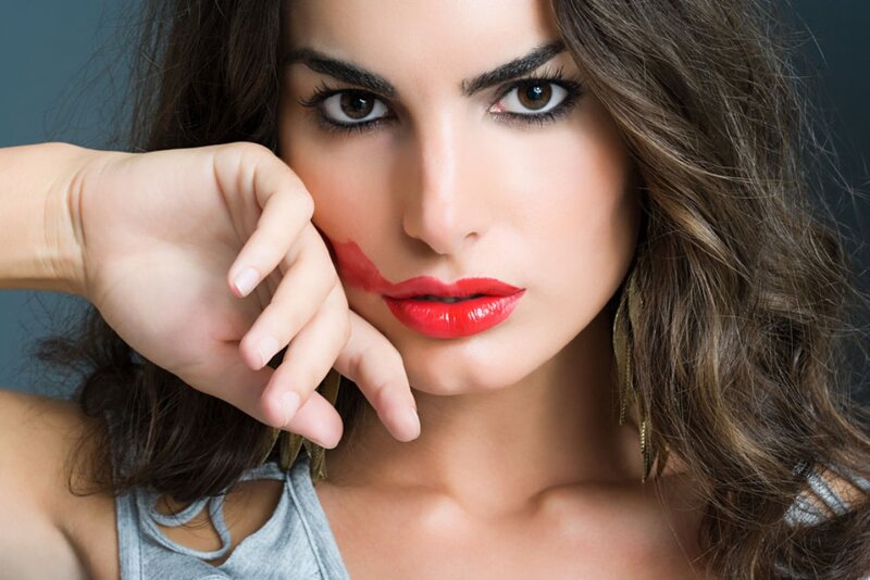 Woman with Red Lipstick — Dramatic, Photograph, Hand, Earring