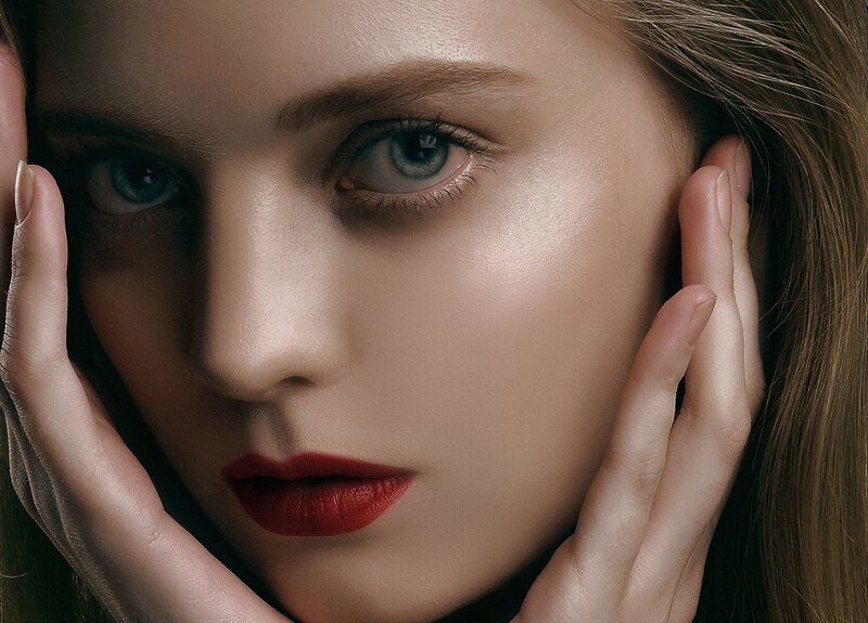Woman with Red Lipstick — Dramatic, Photograph, Hands