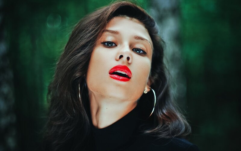 Woman with Red Lipstick — Dramatic, Photograph, Hoop Earrings