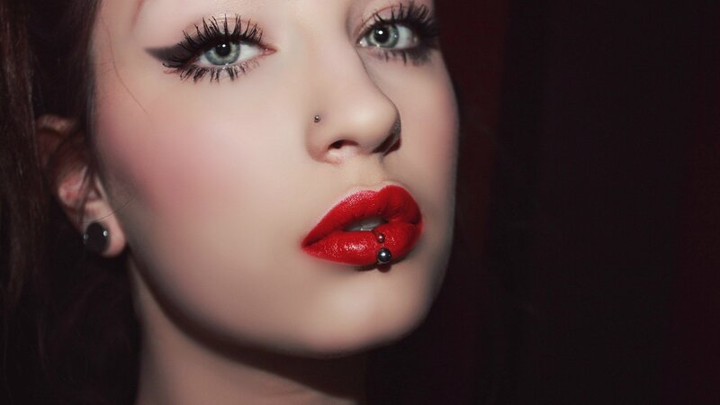 Woman with Red Lipstick — Dramatic, Photograph, Lip Piercing, Eyeliner