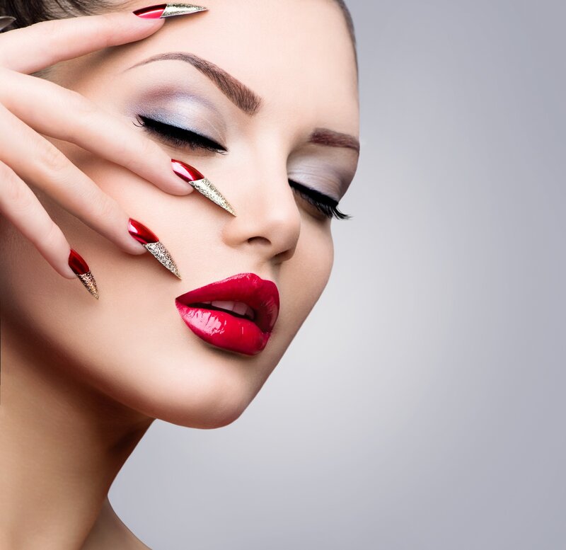 Woman with Red Lipstick — Dramatic, Photograph, Long Nails