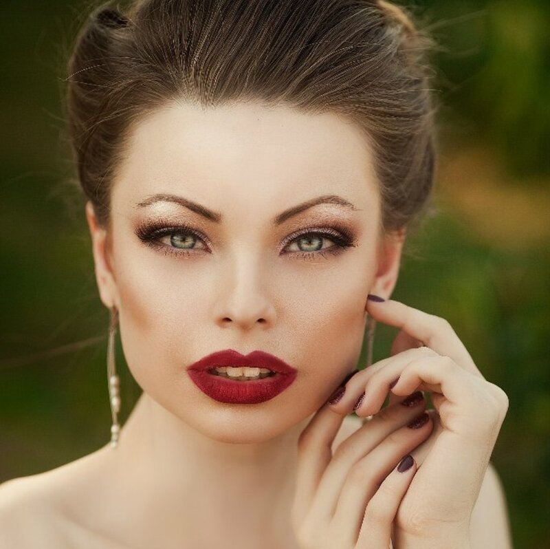 Woman with Red Lipstick — Dramatic, Photograph, Makeup, Earrings