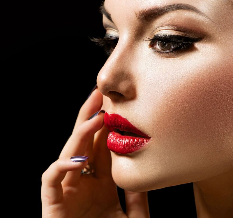 Woman with Red Lipstick — Dramatic, Photograph, Makeup, Nail Polish