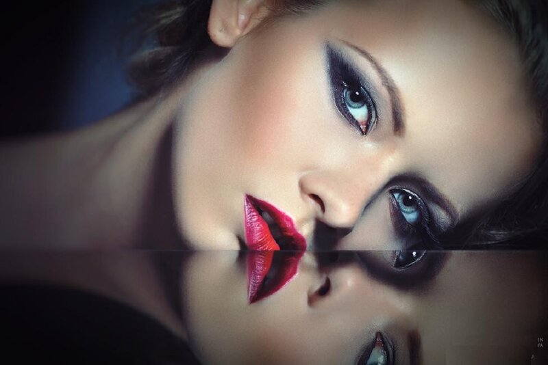 Woman with Red Lipstick — Dramatic, Photograph, Makeup, Reflection