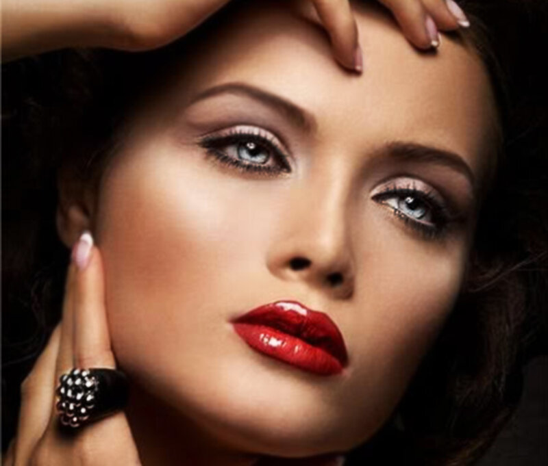 Woman with Red Lipstick — Dramatic, Photograph, Makeup, Ring