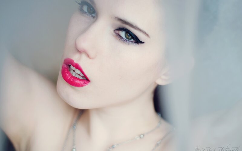 Woman with Red Lipstick — Dramatic, Photograph, Necklace, Veil