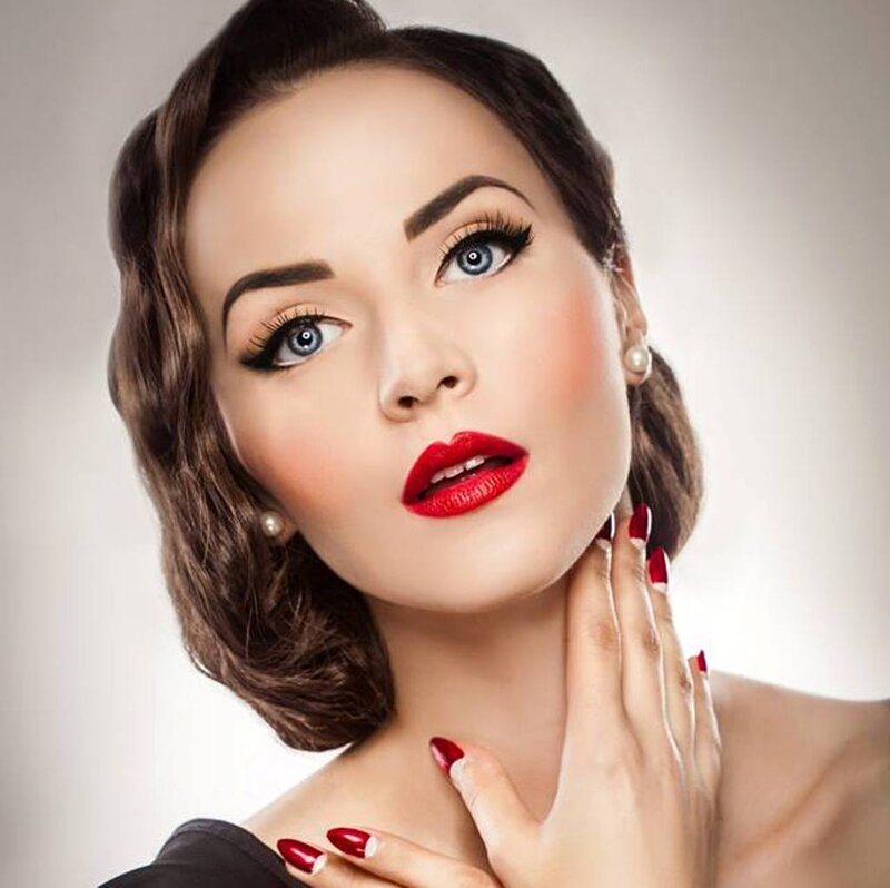 Woman with Red Lipstick — Dramatic, Photograph, Pearl Earrings