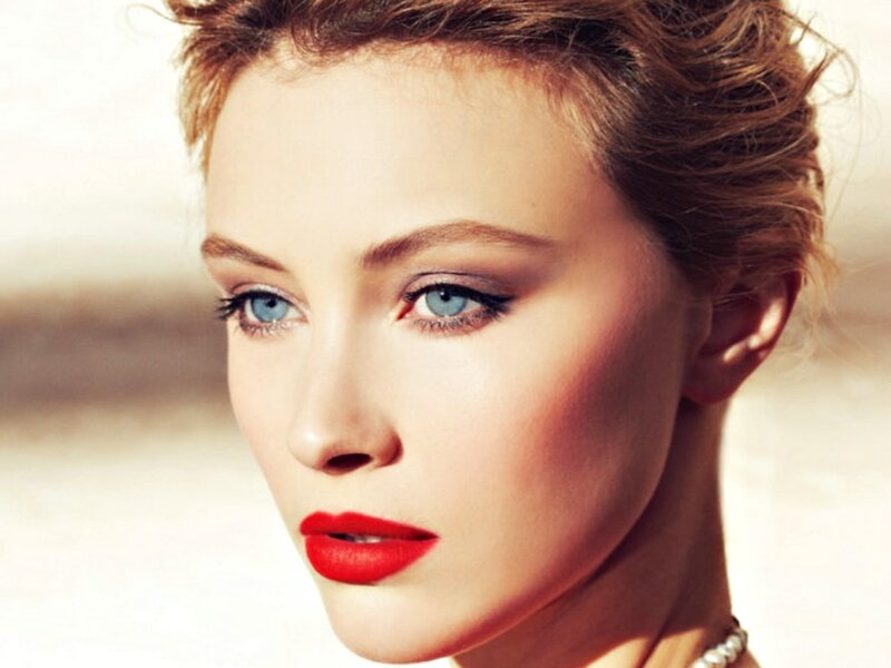 Woman with Red Lipstick — Dramatic, Photograph, Pearl Necklace, Blue Eyes