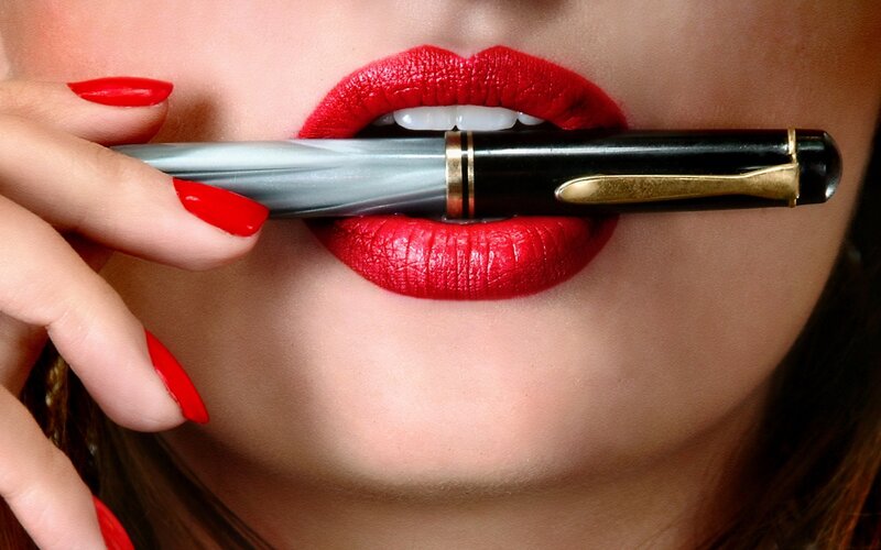 Woman with Red Lipstick — Dramatic, Photograph, Pen