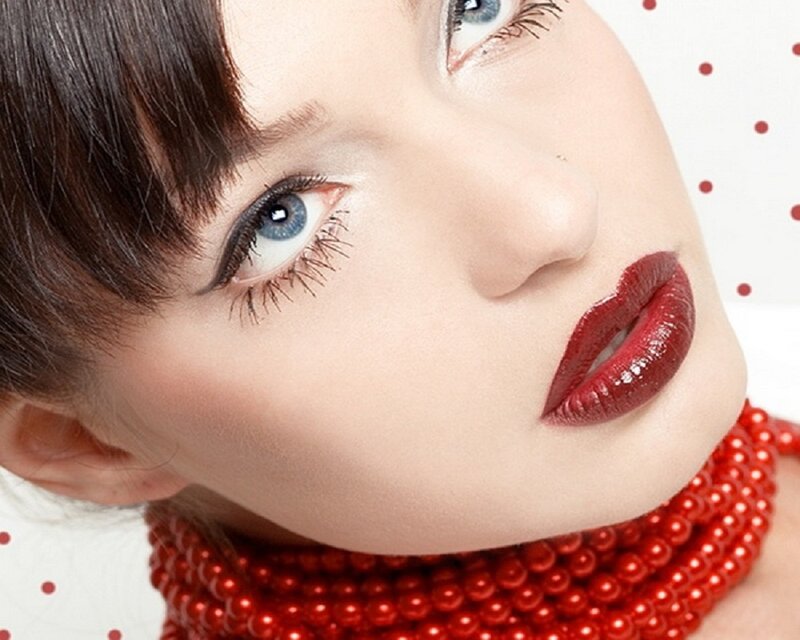 Woman with Red Lipstick — Dramatic, Photograph, Red Beads, Blue Eyes