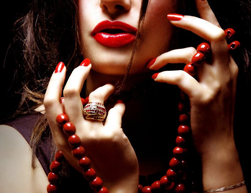 Woman with Red Lipstick — Dramatic, Photograph, Red Beads, Ring
