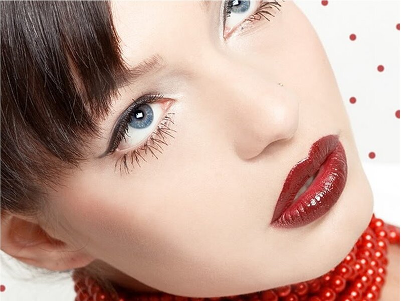 Woman with Red Lipstick — Dramatic, Photograph, Red Beads