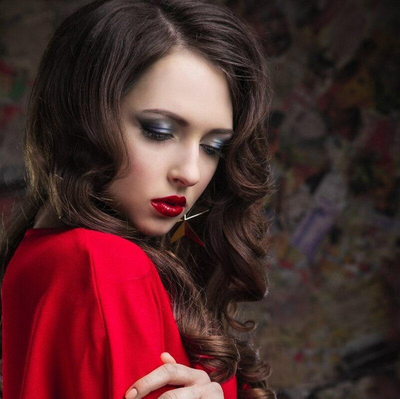 Woman with Red Lipstick — Dramatic, Photograph, Red Dress, Makeup